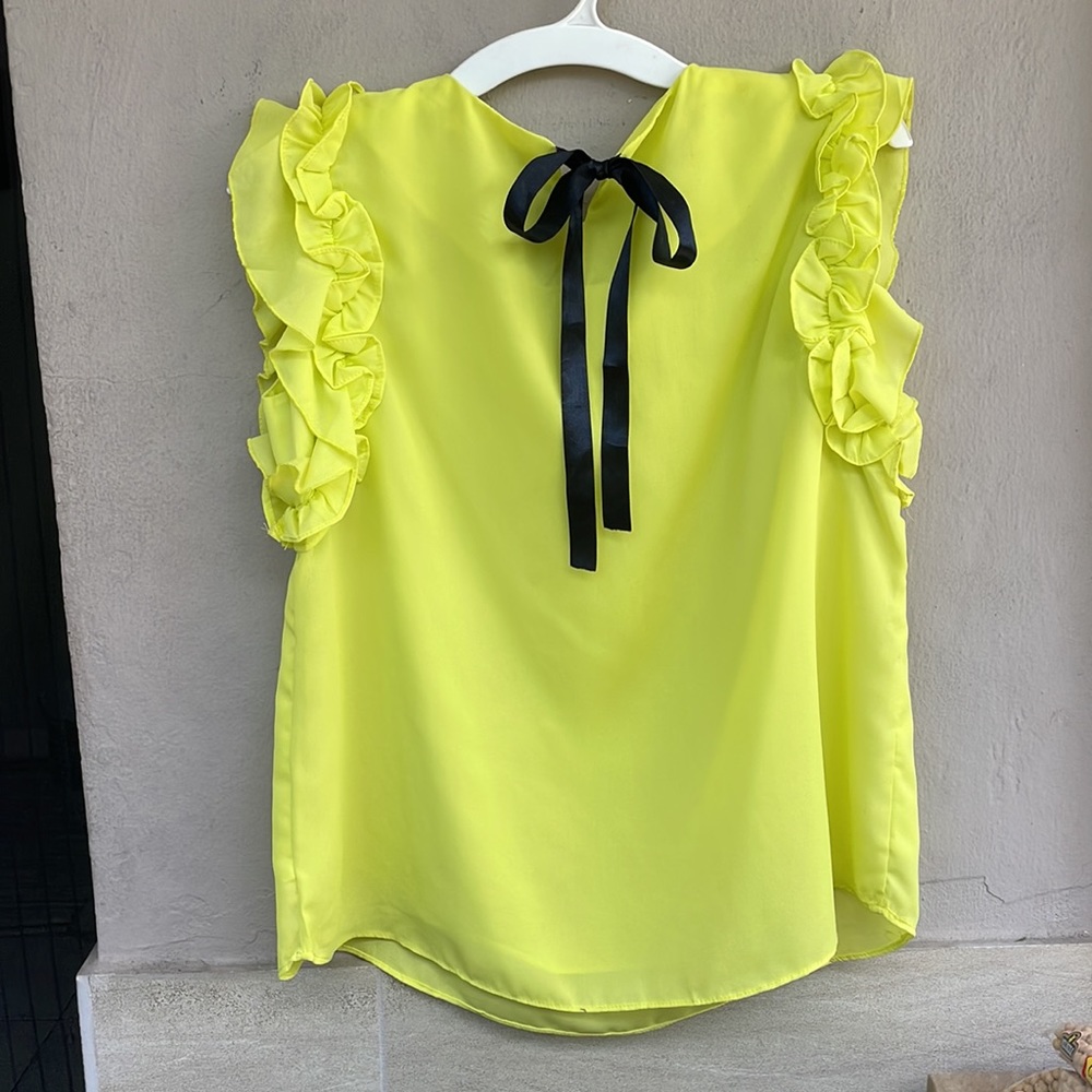 Bright Yellow short sleeve shirt w ruffles, black ribbon tie in the back